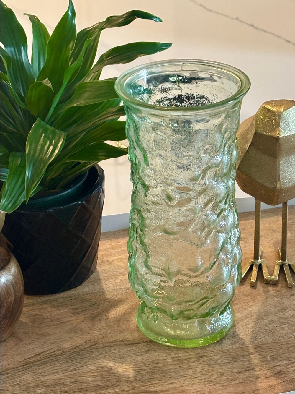 Vintage Textured Green Art Glass Vase | Mid Century Modern Hand-Blown Glass